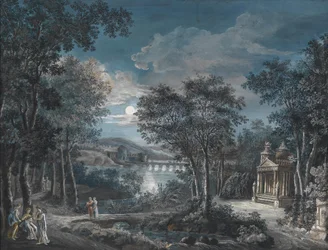 Paysage de parc avec un tombeau, un château et un pont sur un étang au clair de lune